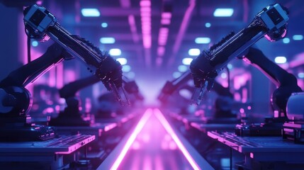Aufkleber - A futuristic factory with robotic arms assembling advanced technology devices, glowing neon lights illuminating the assembly line