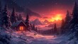 © LuvTK - Snowy winter wonderland with a charming cabin, snow-covered pine trees, and playful animals like deer and birds, with a warm light from the cabin windows and twinkling stars above,