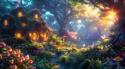 A magical cartoon forest with glowing mushrooms, dragons, and enchanted plants, fairies fluttering around, and a sunlit clearing. The background includes a whimsical treehouse, lush greenery,