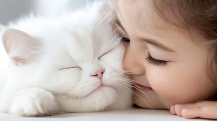 Wall Mural - A young girl is petting a white cat with her face, AI