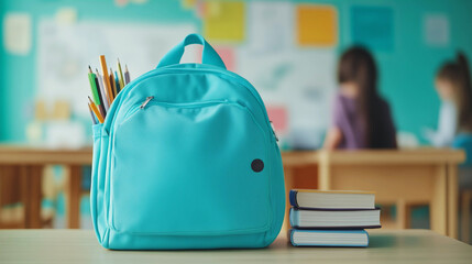 Rucksack und Büchern im Klassenzimmer einer Schule mit Textfreiraum für Elternabend oder Einladung
