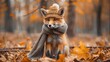 © AI Stock House - Adorable fluffy red fox pup in a romantic autumn forest with a knit cap and scarf