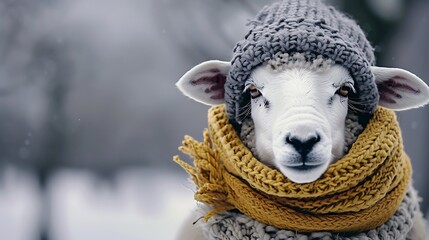 Wall Mural - Adorable sheep in a knit cap and scarf in the chilly winter months