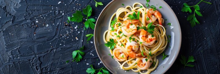 Wall Mural - Baked shrimp scampi linguine pasta garnished with parsley displayed from above on a plate.