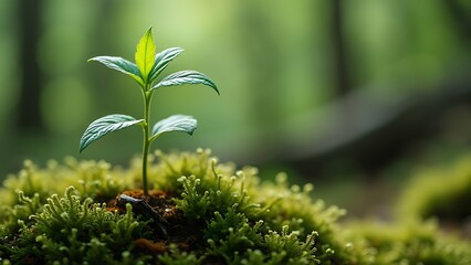 Close up Young plant growing over green background