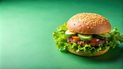 Wall Mural - Hamburger with lettuce and pickles on a green surface, hamburger, lettuce, pickles, food, burger, green, surface, delicious, fast food