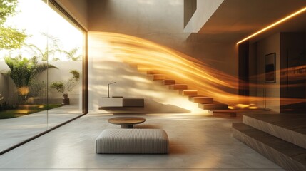 Wall Mural - Modern Interior with Wooden Staircase and Light Streaks