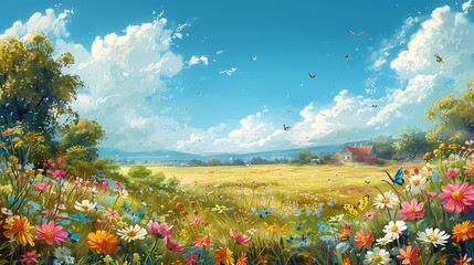 Wall Mural - A whimsical cartoon scene of a spring meadow filled with blooming flowers of various colors and fluttering butterflies, under a bright blue sky with fluffy clouds.