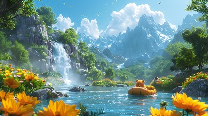 Wall Mural - A whimsical cartoon scene of characters rafting down a playful river with cheerful expressions, navigating through waterfalls and rapids. The background features lush green forests, colorful flowers,