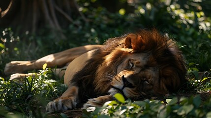 Wall Mural - An adult lion resting on the jungle grass