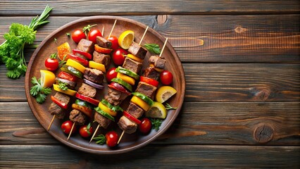 Mini kebab meat and vegetable skewers on a plate, mini, kebab, meat, vegetables, skewers, appetizer, grilled, food, snack