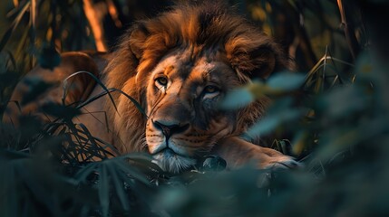 Wall Mural - An adult lion resting on the jungle grass