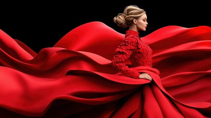 Wall Mural - Fashion model with striking features on flowing red carpet with confetti.