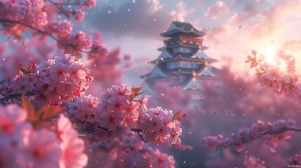 Sticker - A captivating image of Osaka Castle surrounded by cherry blossoms, soft pastel hues of spring, morning light illuminating the scene, petals gently falling, tranquil and serene atmosphere, high detail,