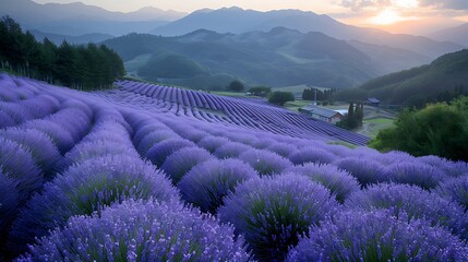 Sticker - A captivating photograph of Furano’s lavender fields in full bloom, vibrant purple hues, soft morning light illuminating the flowers, serene and peaceful atmosphere, detailed and vivid, hd quality,