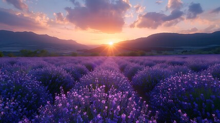 Sticker - A captivating photograph of Furano’s lavender fields in full bloom, vibrant purple hues, soft morning light illuminating the flowers, serene and peaceful atmosphere, detailed and vivid, hd quality,