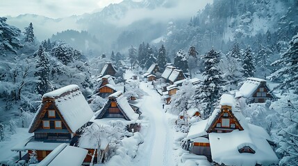 Sticker - A captivating photograph of Shirakawa-go village covered in snow, traditional thatched-roof houses nestled among snow-laden trees, soft morning light creating a tranquil ambiance, detailed and vivid,