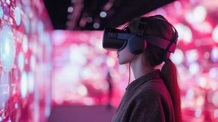 Canvas Print - Woman wearing VR headset in a futuristic setting with pink and purple lights