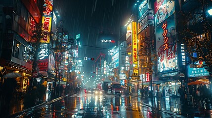 Wall Mural - A dynamic view of Akihabara district at night, anime billboards and neon signs lighting up the streets, bustling crowds adding energy, vibrant and lively atmosphere, detailed and vivid, hd quality,