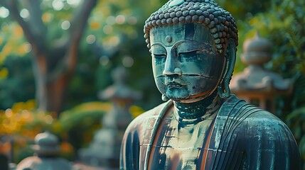 Sticker - A majestic view of the Great Buddha of Kamakura, surrounded by lush greenery, soft morning light highlighting the statue's features, serene and peaceful atmosphere, detailed textures, hd quality,