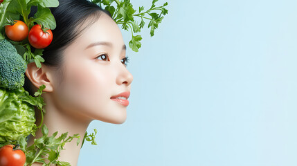 Portrait of an Asian woman with vibrant vegetables around her face, representing health and wellness. Isolated on a minimalist background, captures the essence of natural beauty and a nutritious diet.