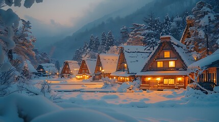 Sticker - A serene view of Shirakawa-go village covered in snow, traditional thatched-roof houses nestled among snow-laden trees, soft evening light casting a warm glow, tranquil and picturesque atmosphere,