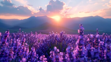 Sticker - A stunning image of Furano’s lavender fields in full bloom, vibrant purple hues, soft sunlight illuminating the flowers, rolling hills in the background, peaceful and serene ambiance, high detail,