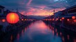 © LuvTK - A stunning image of Otaru canals, glowing lanterns casting warm light, dusk sky with vibrant colors, reflections in the water creating a magical ambiance, peaceful and serene setting, high detail,