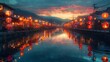© LuvTK - A stunning image of Otaru canals, glowing lanterns casting warm light, dusk sky with vibrant colors, reflections in the water creating a magical ambiance, peaceful and serene setting, high detail,