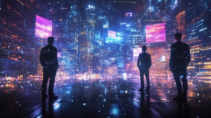 Canvas Print - Silhouettes of Men Contemplating a Futuristic Cityscape