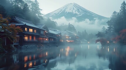 Sticker - A stunning scene of Hakone, hot spring town with Mount Fuji in the background, soft morning light creating a mystical atmosphere, steam from the springs adding to the tranquility, detailed textures,