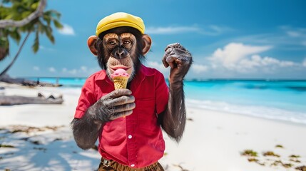 joyful chimpanzee enjoying ice cream on tropical beach with ocean backdrop