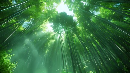 Wall Mural - A stunning view of Arashiyama Bamboo Grove, soft sunlight streaming through the towering bamboo, creating a mystical and serene ambiance, rich green hues, high detail, hd quality, natural look.