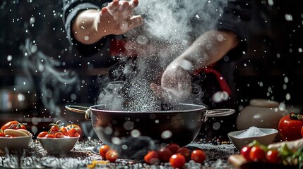 Chef preparing a meal with fresh ingredients in a kitchen. Flour splashing in the air adds a dynamic feel to this culinary scene. Perfect for cooking blogs, food photography, and recipe books. AI