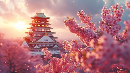 Wall Mural - A stunning view of Osaka Castle with cherry blossoms, soft pastel hues of spring, morning light creating a serene atmosphere, petals scattered around, detailed textures, hd quality, natural look.