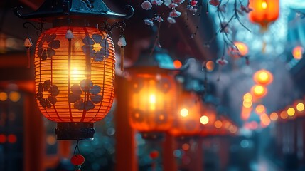 Wall Mural - A stunning view of Senso-ji Temple at night, lanterns casting a warm glow, bustling festival atmosphere, traditional architecture illuminated by soft light, detailed textures, rich cultural ambiance,