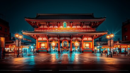 Wall Mural - A stunning view of Senso-ji Temple at night, lanterns casting a warm glow, bustling festival atmosphere, traditional architecture illuminated by soft light, detailed textures, rich cultural ambiance,