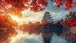 © LuvTK - A tranquil image of Himeji Castle during autumn, vibrant red and orange leaves surrounding the castle, warm sunlight casting gentle shadows, serene and peaceful atmosphere, high detail, hd quality,