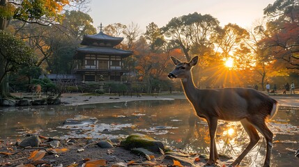 Poster - A tranquil photograph of Nara Park, deer wandering freely around ancient temples, soft sunlight casting gentle shadows, peaceful and calming atmosphere, vivid colors, hd quality, natural look.