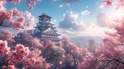 Poster - A tranquil scene of Osaka Castle surrounded by cherry blossoms, soft pastel colors of spring, gentle sunlight illuminating the castle, petals gently falling, serene and peaceful atmosphere,