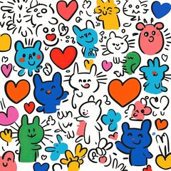 Wall Mural - A fun, colorful doodle of various cartoon characters and objects with hearts on them