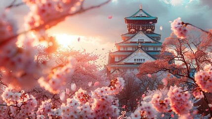 Wall Mural - A vibrant photograph of Osaka Castle surrounded by cherry blossoms in full bloom, sunlight illuminating the castle, petals gently falling, serene spring atmosphere, rich colors, hd quality,