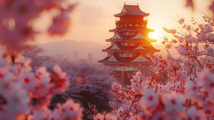 Wall Mural - A vibrant photograph of Osaka Castle surrounded by cherry blossoms in full bloom, sunlight illuminating the castle, petals gently falling, serene spring atmosphere, rich colors, hd quality,