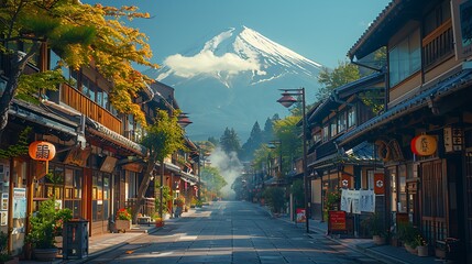 Wall Mural - A vibrant view of Hakone's hot spring town, traditional buildings with Mount Fuji in the distance, warm sunlight casting gentle shadows, steam rising from the springs, peaceful and serene ambiance,