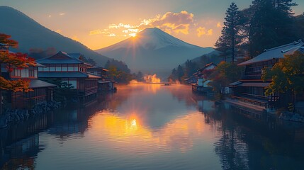 Wall Mural - A vibrant view of Hakone's hot spring town, traditional buildings with Mount Fuji in the distance, warm sunlight casting gentle shadows, steam rising from the springs, peaceful and serene ambiance,