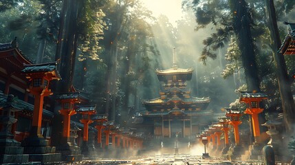 Wall Mural - A vibrant view of Nikko’s historic temples, ancient buildings nestled among towering cedar trees, soft sunlight filtering through the branches, peaceful and serene ambiance, rich details, hd quality,