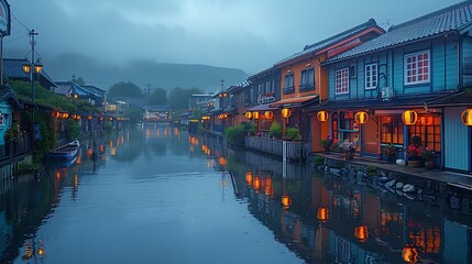 Poster - A vibrant view of Otaru canals at dusk, glowing lanterns reflecting on the water, soft evening light, serene and picturesque setting, vivid colors, high detail, hd quality, natural look.