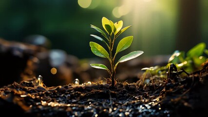 Poster - New plant growth in a forest at sunrise, showcasing vibrant leaves and morning dew droplets