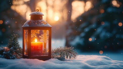 Wall Mural - vintage lantern illuminating snowy landscape at sunset during winter