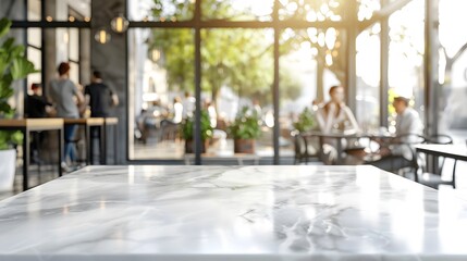 Clean white marble table top in a modern cafe, with a blurred glass window view of people passing by, creating a dynamic and lively atmosphere